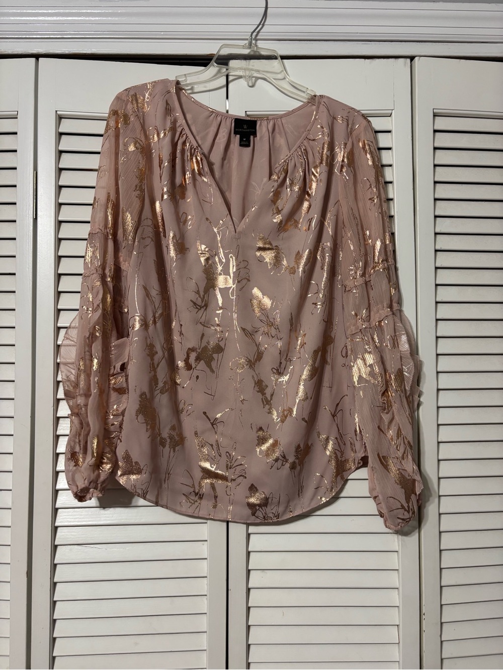 Worthington Rose Blush Blouse with Gold Foil Floral